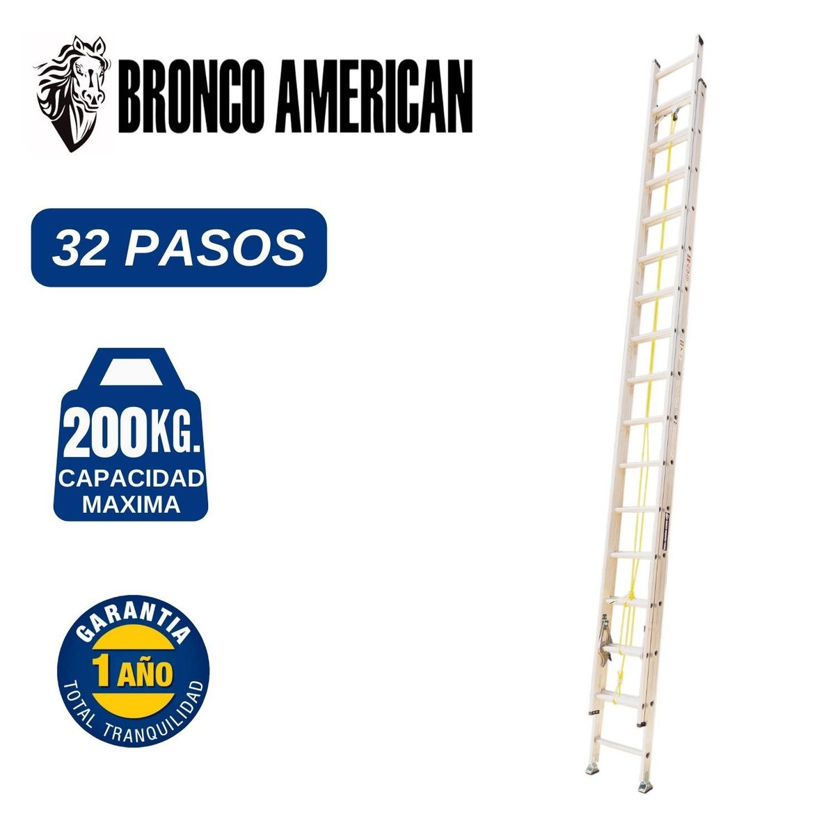 BRONCO AMERICAN - Escalera Aluminio Telescópica de 32 Pasos. Cap. Carga Maxima: 200 Kg. Bronco American