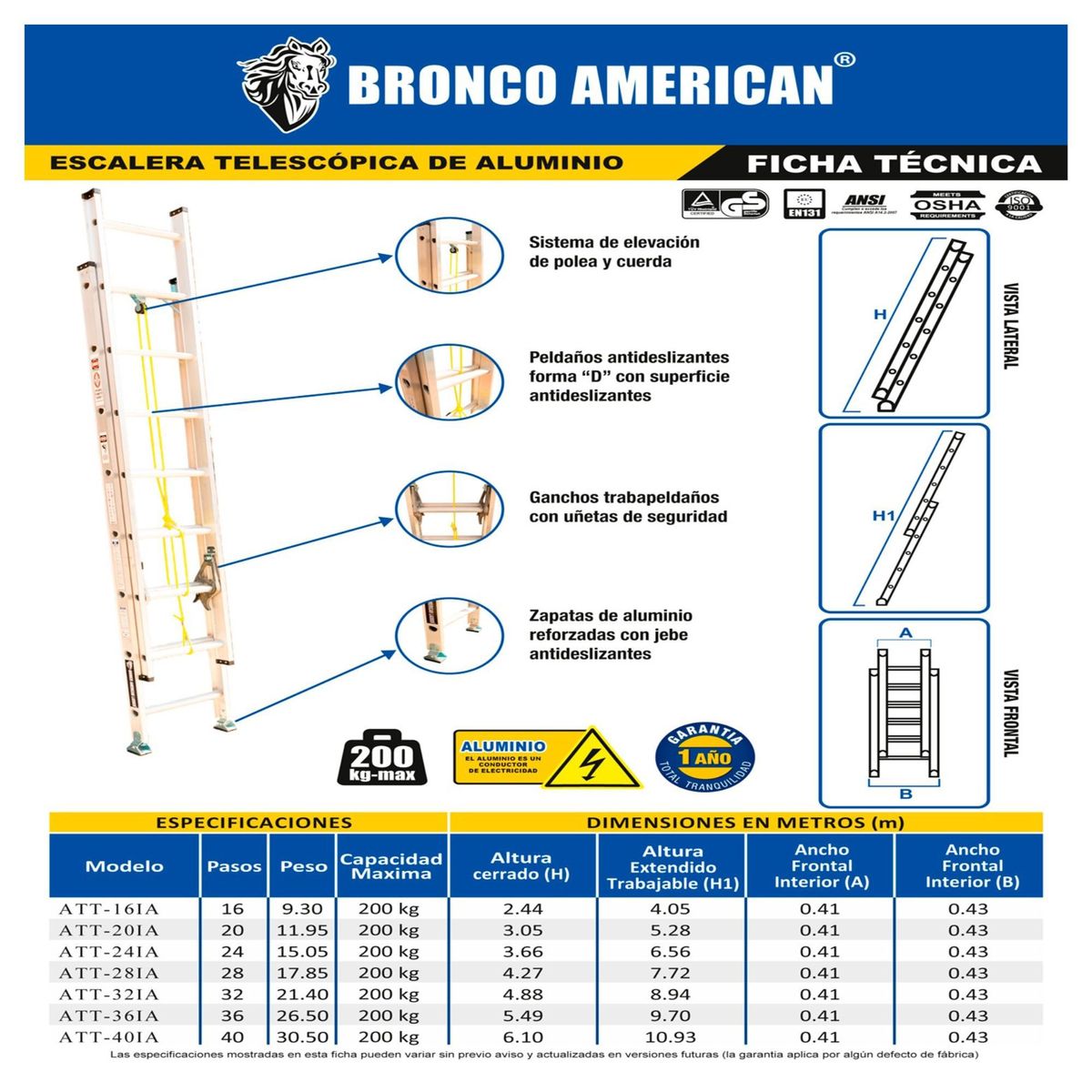 BRONCO AMERICAN - Escalera Aluminio Telescópica de 32 Pasos. Cap. Carga Maxima: 200 Kg. Bronco American