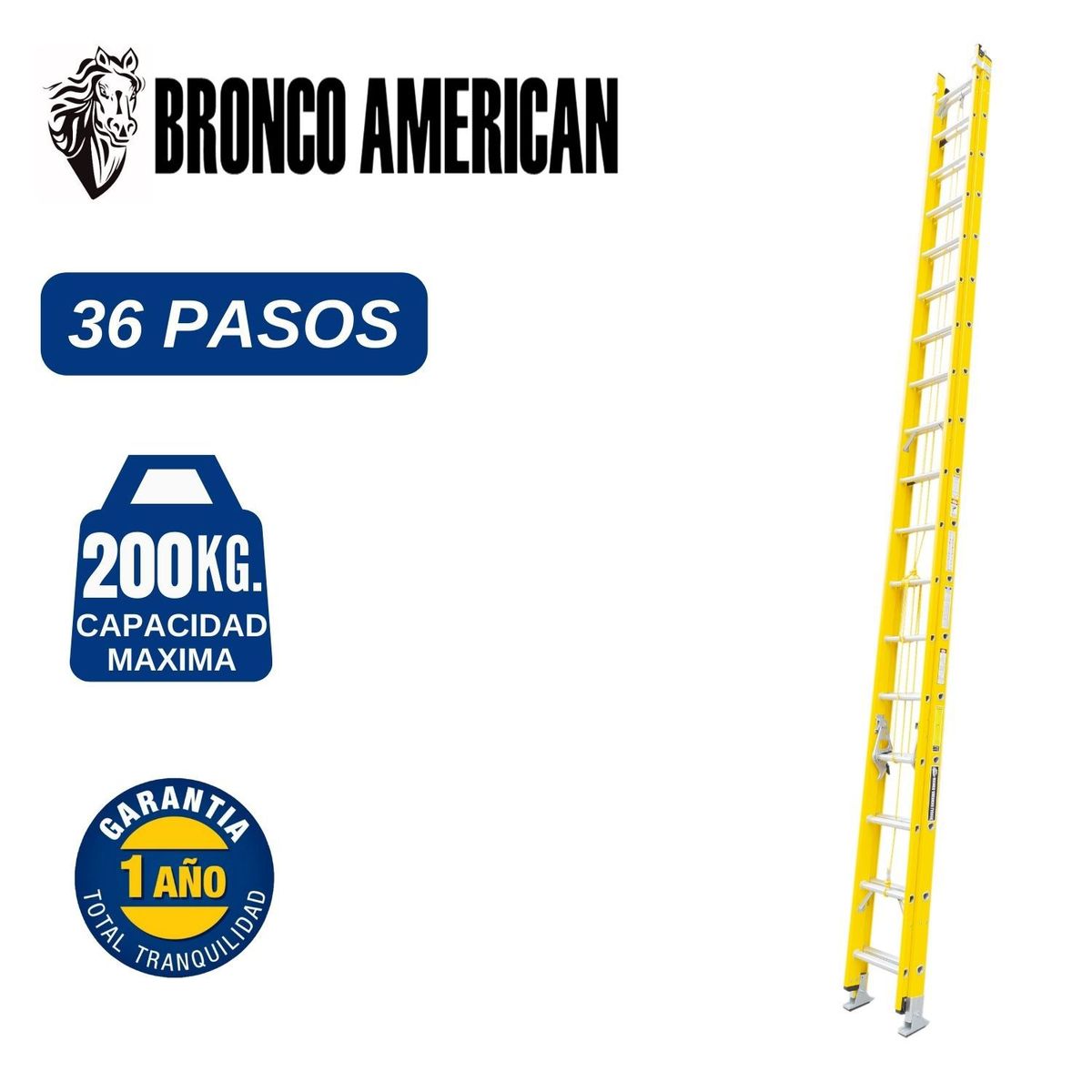 BRONCO AMERICAN - Escalera Fibra de Vidrio Telescópica de 36 Pasos. Cap. Carga Maxima: 200 Kg. Bronco American