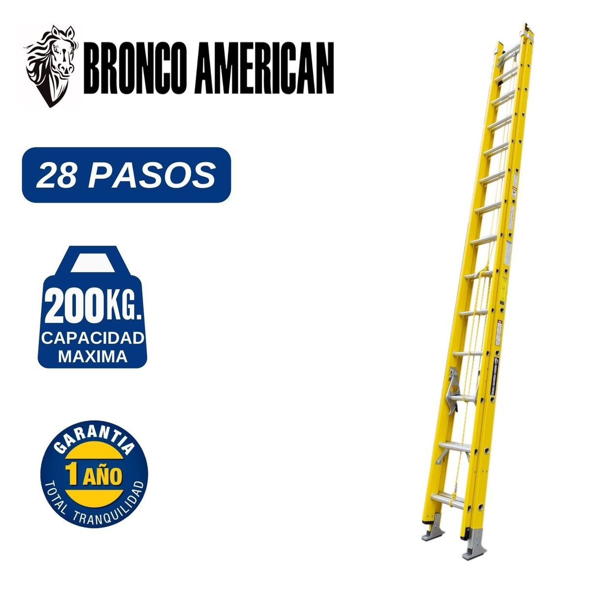 BRONCO AMERICAN - Escalera Fibra de Vidrio Telescópica de 28 Pasos. Cap. Carga Maxima: 200 Kg. Bronco American