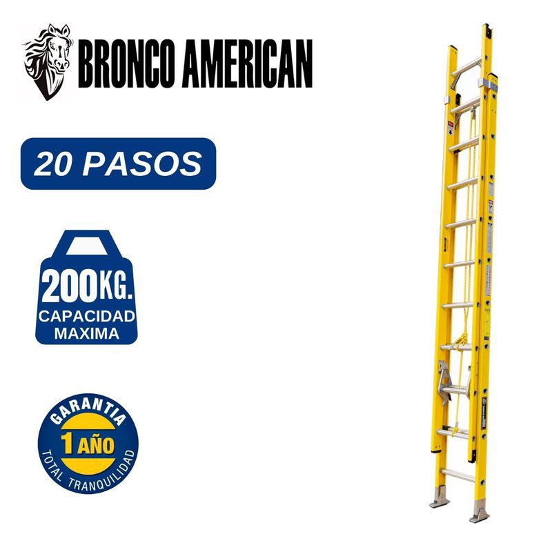  - Escalera  Fibra de Vidrio Telescópica de 20 Pasos. Cap. Carga Maxima: 200 Kg. Bronco American