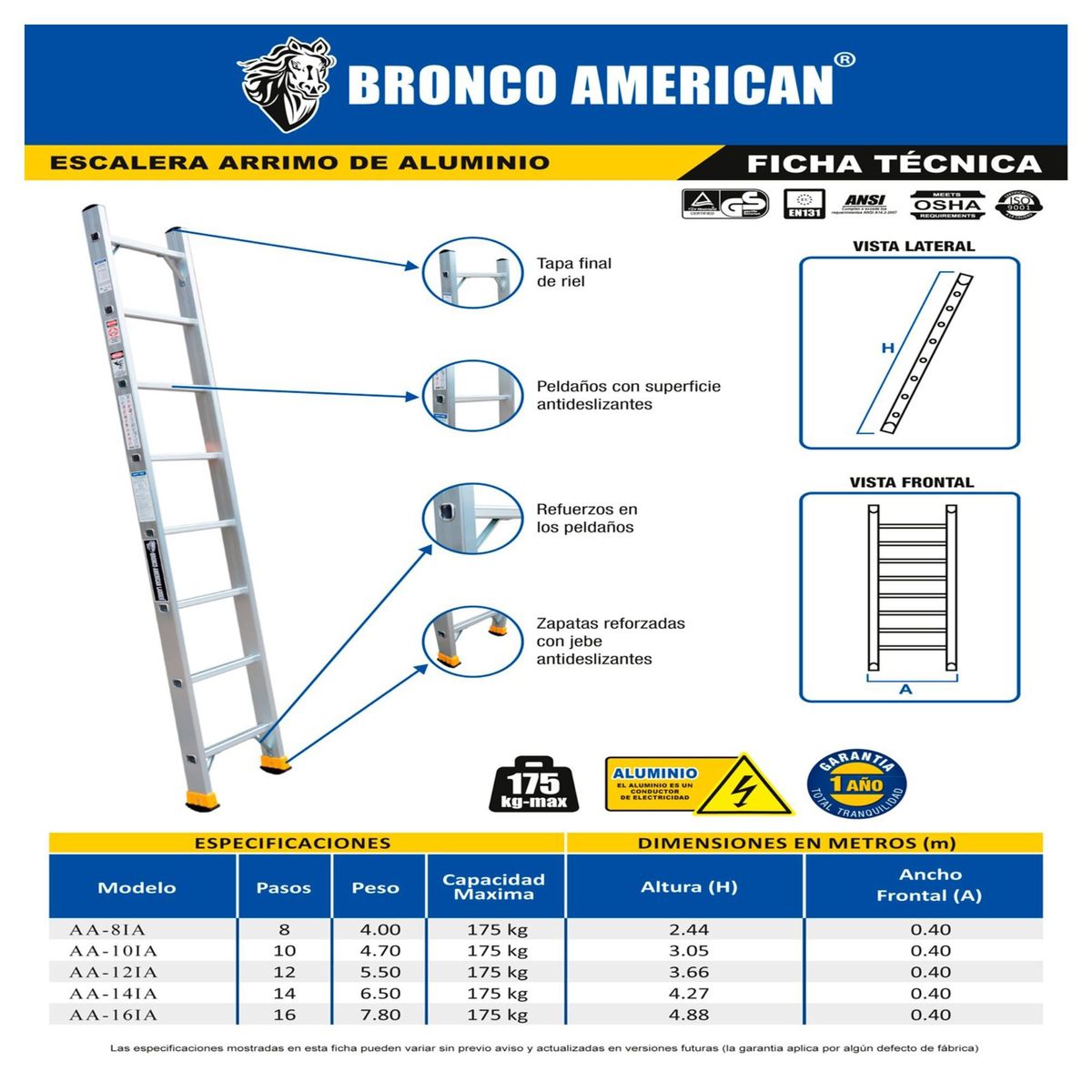 BRONCO AMERICAN - Escalera Aluminio Arrimo de 8 Pasos. Cap. Carga Maxima: 175 Kg. Bronco American