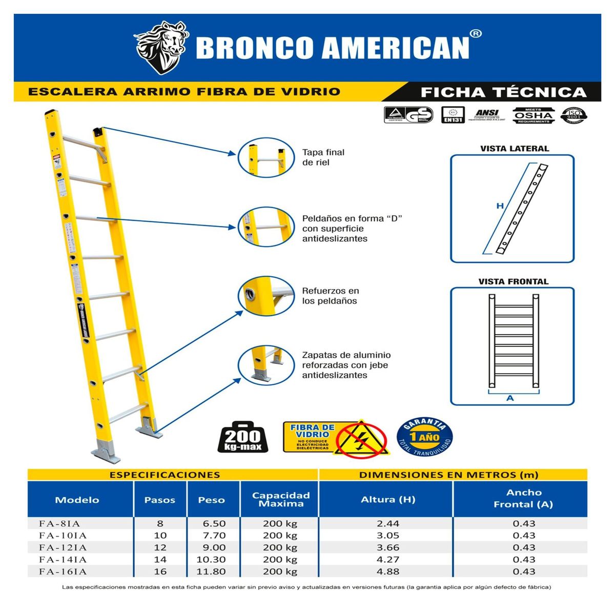 - Escalera Recta de Fibra de Vidrio 10 pasos