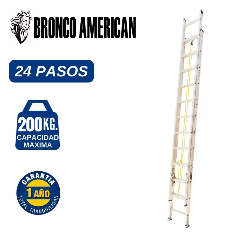 BRONCO AMERICAN - Escalera Aluminio Telescópica de 24 Pasos. Cap. Carga Maxima: 200 Kg. Bronco American