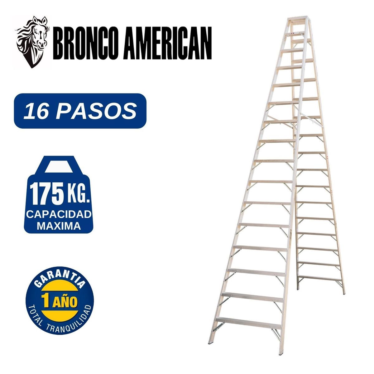 BRONCO AMERICAN - Escalera Aluminio Tijera Doble Ascenso de 16 Pasos. Cap. Carga Maxima: 175 Kg. Bronco American