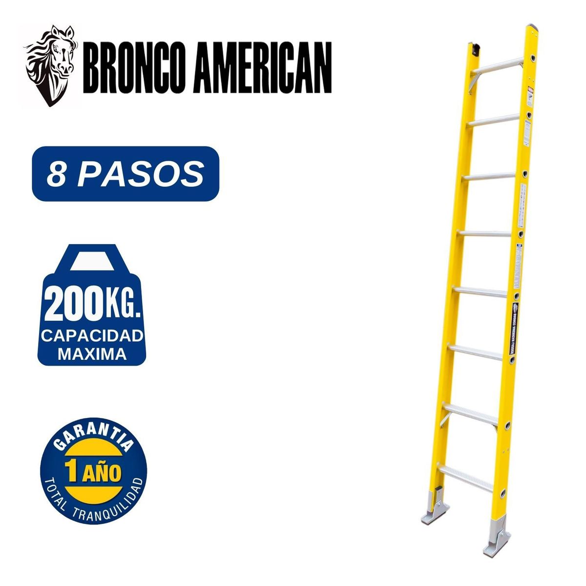 BRONCO AMERICAN - Escalera Fibra de Vidrio Arrimo 08 Pasos. Cap. Carga Maxima: 200 Kg. Bronco American