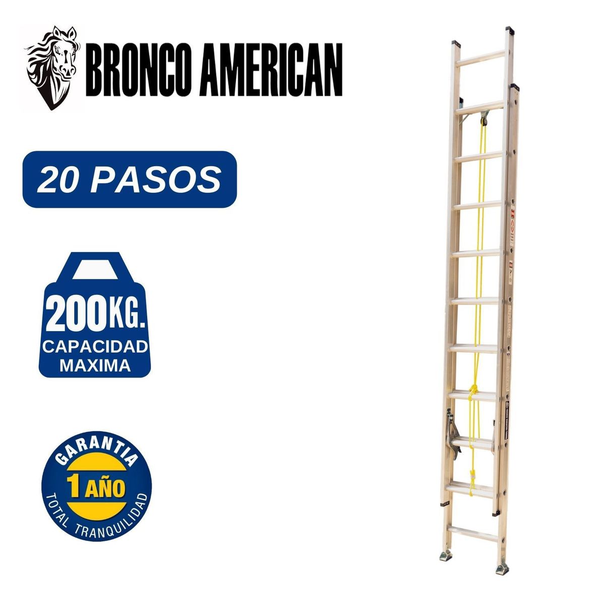 BRONCO AMERICAN - Escalera Aluminio Telescópica de 20 Pasos. Cap. Carga Maxima: 200 Kg. Bronco American