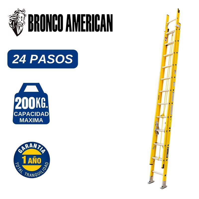  - Escalera  Fibra de Vidrio Telescópica de 24 Pasos. Cap. Carga Maxima: 200 Kg. Bronco American