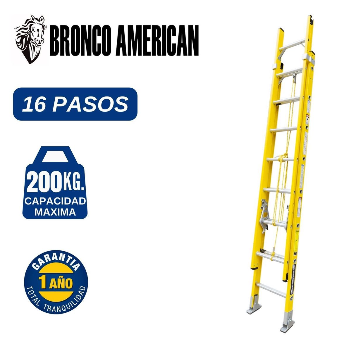 BRONCO AMERICAN - Escalera Fibra de Vidrio Telescópica de 16 Pasos. Cap. Carga Maxima: 200 Kg. Bronco American