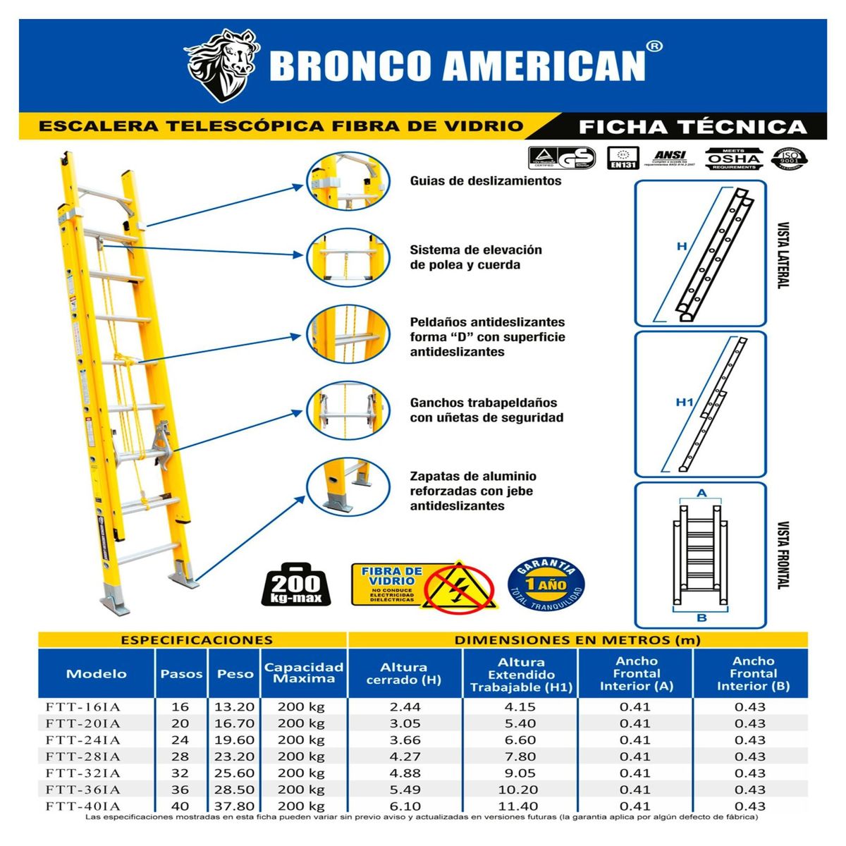 BRONCO AMERICAN - Escalera Fibra de Vidrio Telescópica de 16 Pasos. Cap. Carga Maxima: 200 Kg. Bronco American
