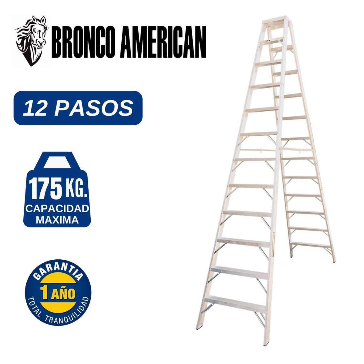 BRONCO AMERICAN - Escalera Aluminio Tijera Doble Ascenso de 12 Pasos. Cap. Carga Maxima: 175 Kg. Bronco American