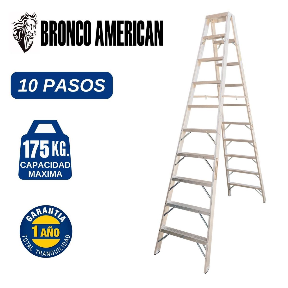 BRONCO AMERICAN - Escalera Aluminio Tijera Doble Ascenso de 10 Pasos. Cap. Carga Maxima: 175 Kg. Bronco American