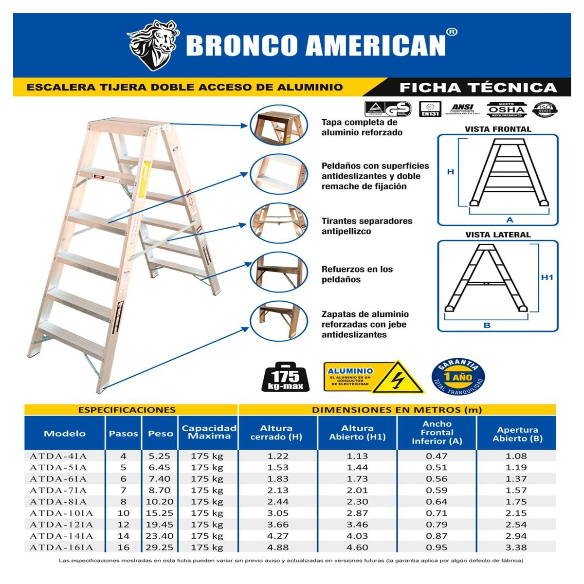 BRONCO AMERICAN - Escalera Aluminio Tijera Doble Ascenso de 10 Pasos. Cap. Carga Maxima: 175 Kg. Bronco American