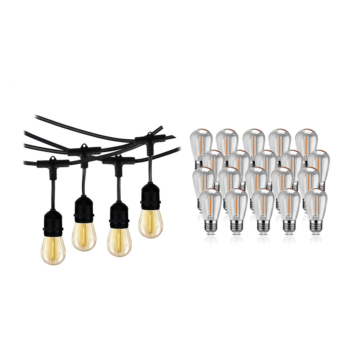 LIGHTECH - Guirnalda para 20 Focos 10 Metros IP65 E27 + Pack x20 Focos Clear Luz Cálida ST14 1W