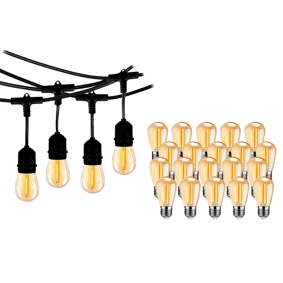 LIGHTECH - Guirnalda para 20 Focos 10 Metros IP65 E27 + Pack x20 Focos Ambar Luz Cálida ST14 1W