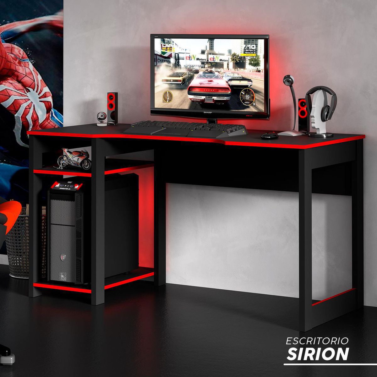 BONNO - Escritorio Gamer Sirion Negro/Rojo