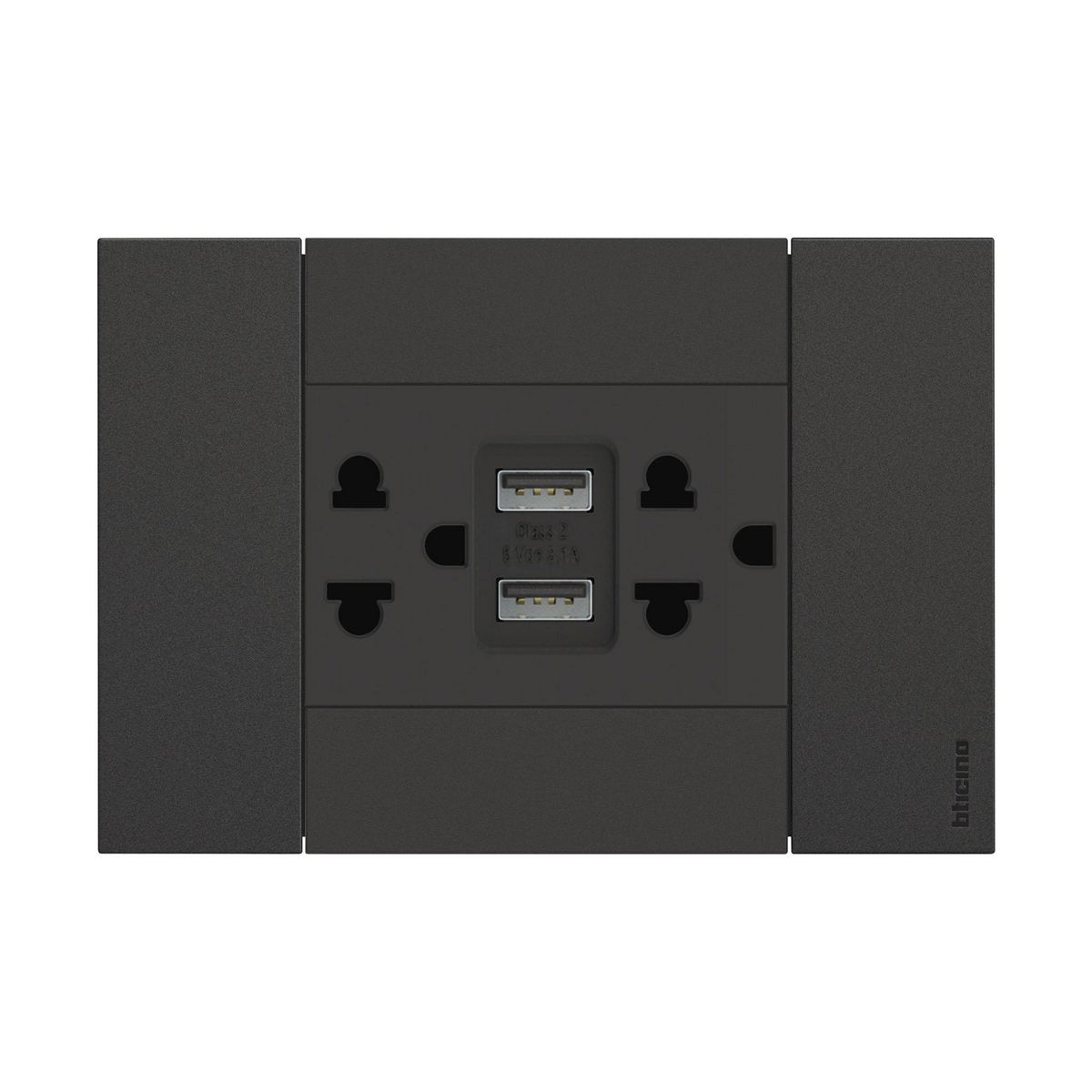 BTICINO - Toma Duplex Combi 2P + T Universal 16A-250V + 2 USB tipo A + A Living Now Negro