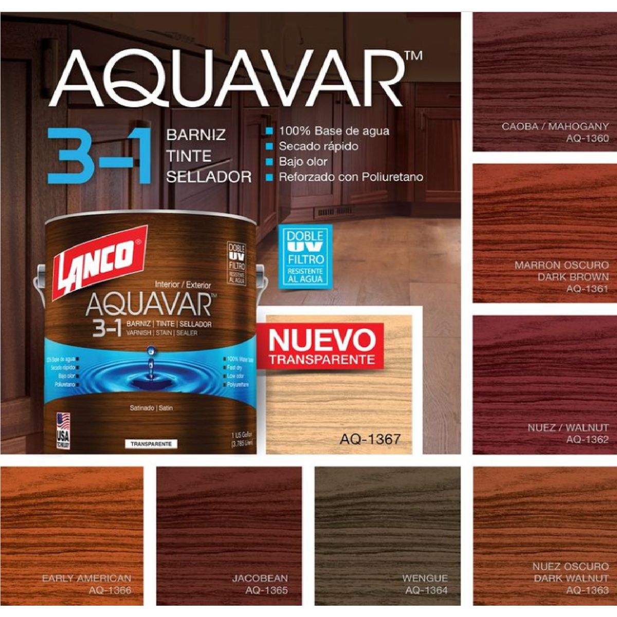 LANCO - Sellador barniz tinte Aquavar Satinado Lanco 1/4 gl