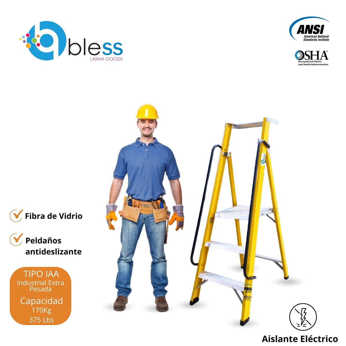  - Escalera Plataforma de Fibra de Vidrio 3 Pasos