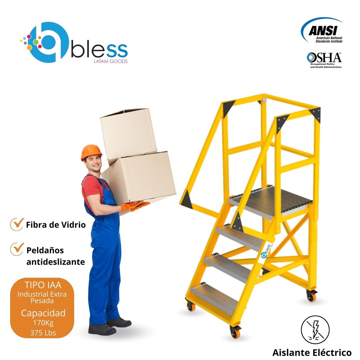  - Escalera Tipo Avión de Fibra de Vidrio 4 Pasos