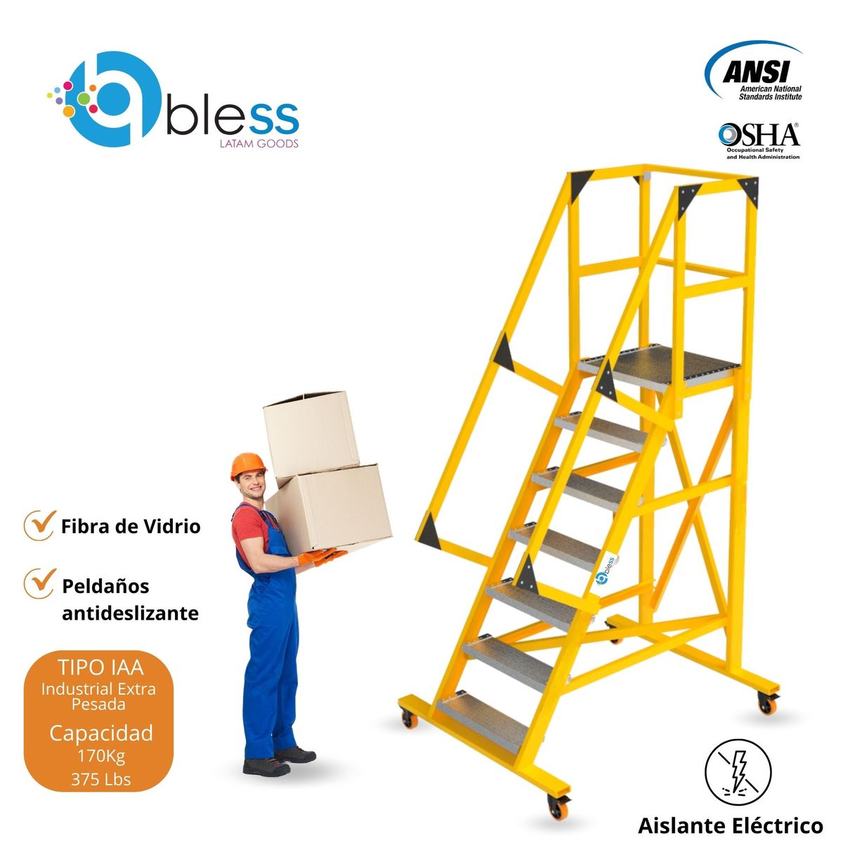  - Escalera Tipo Avión 7 Pasos Fibra de Vidrio 2.65m