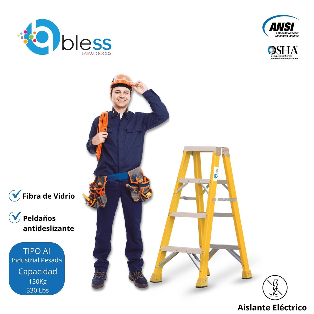  - Escalera Tijra Doble Ascenso 4 Pasos Fibra de Vidrio 1.22m