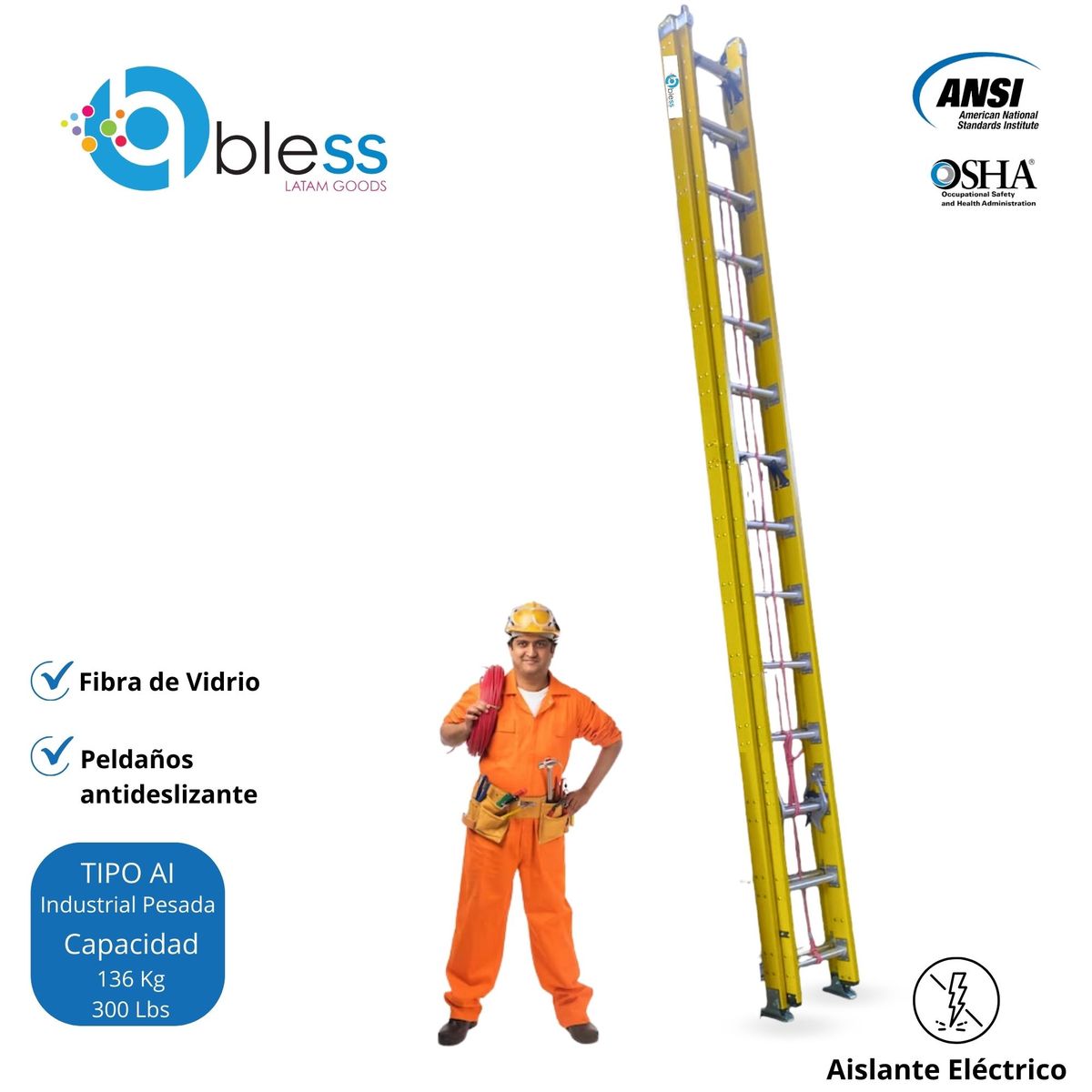  - Escalera Telescópica 28 Pasos Fibra de Vidrio 4.32m