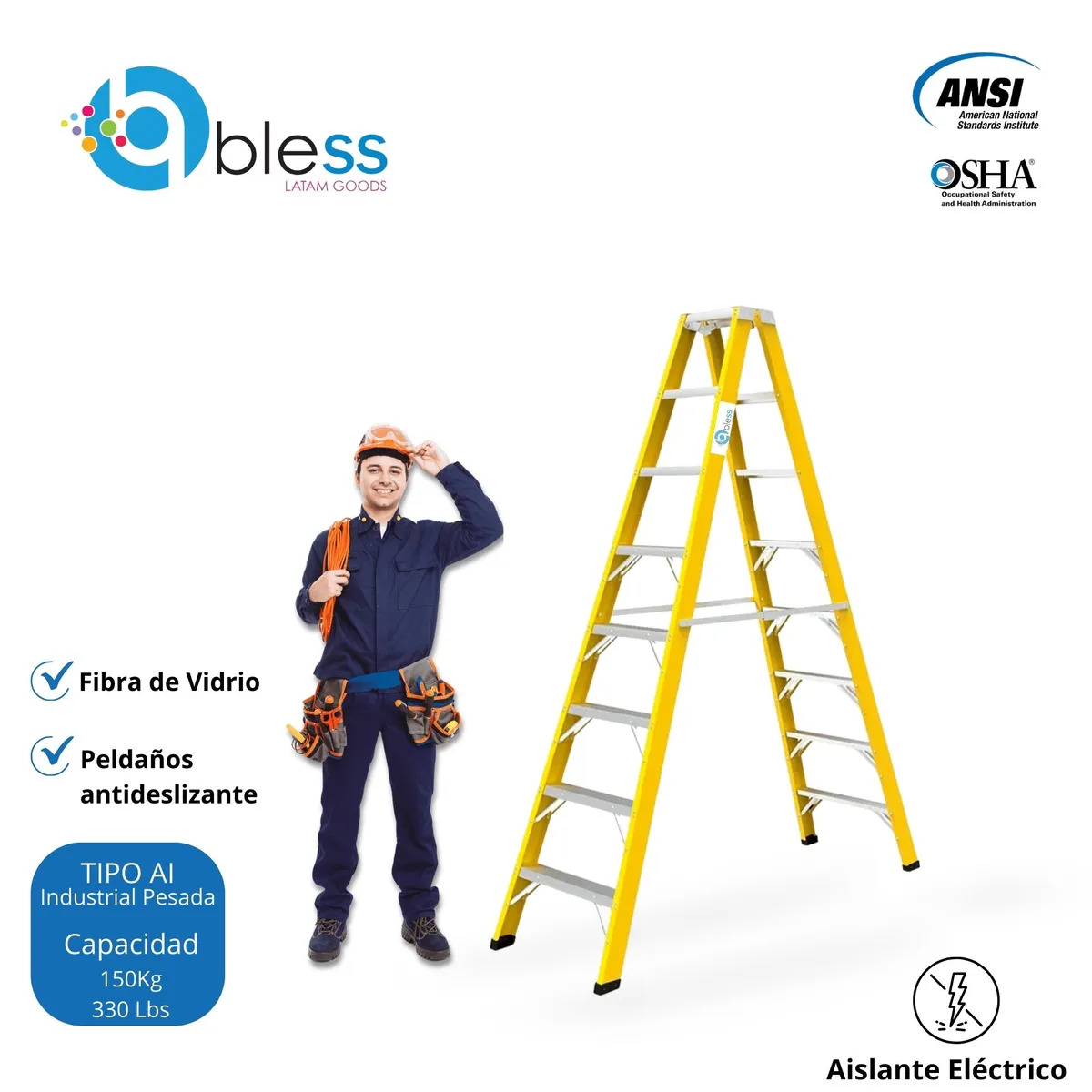  - Escalera Tijera Doble Ascenso 8 Pasos Fibra de Vidrio 2.44m