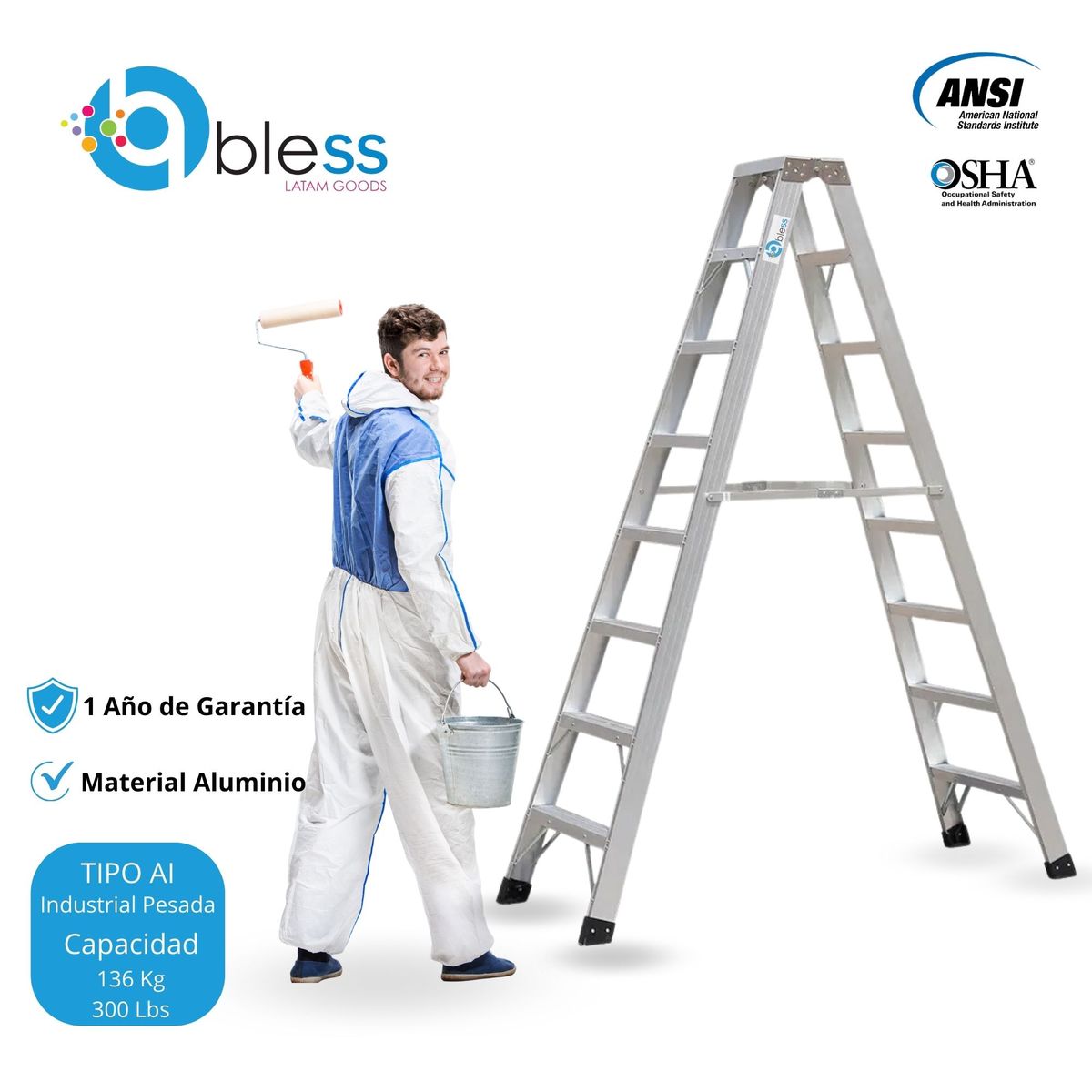  - Escalera Tijera Doble Ascenso 8 Pasos Aluminio 2.44m