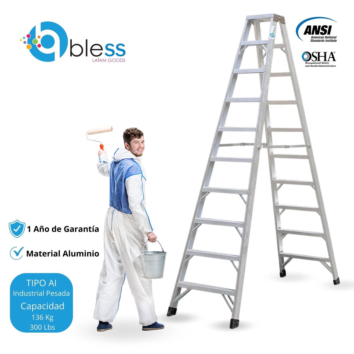  - Escalera Tijera Doble Ascenso 10 Pasos Aluminio 3.05m