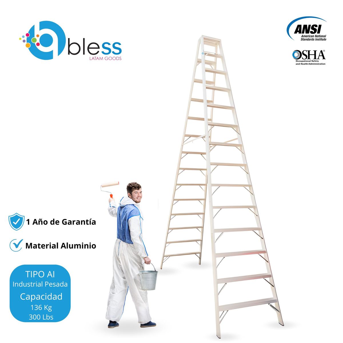  - Escalera Tijera Doble Ascenso 14 Pasos Aluminio 4.27m