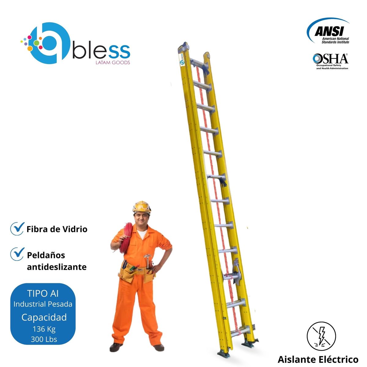  - Escalera Telescópica 24 Pasos Fibra de Vidrio 3.71m