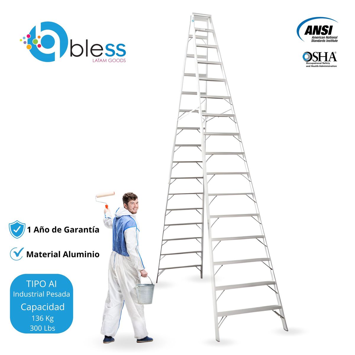  - Escalera Tijera Doble Ascenso 16 Pasos Aluminio 4.88m