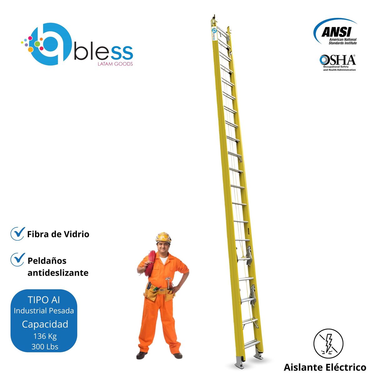  - Escalera Telescópica 40 Pasos Fibra de Vidrio 6.15m