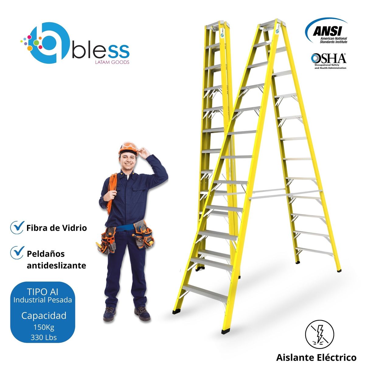  - Escalera Tijera Doble Ascenso 12 Pasos Fibra de Vidrio 3.66m