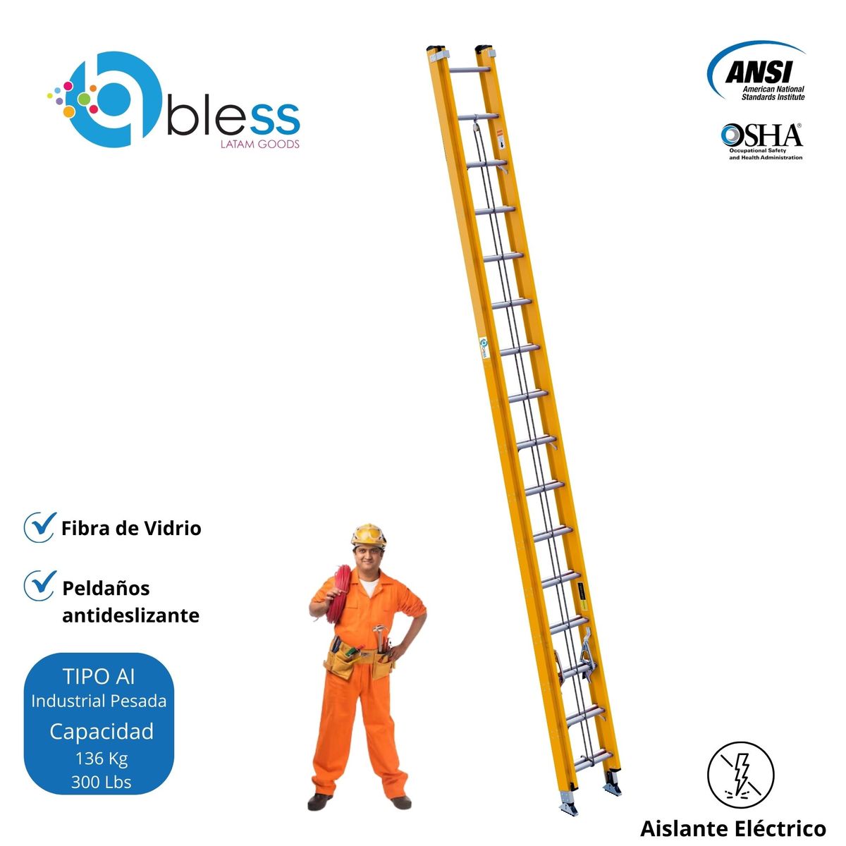  - Escalera Telescópica 32 Pasos Fibra de Vidrio 4.93m