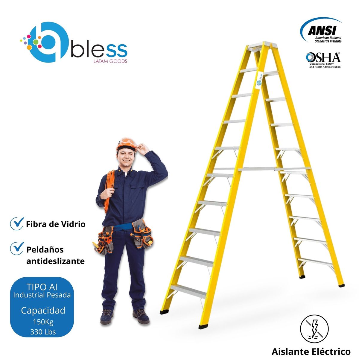  - Escalera Tijera Doble Ascenso 10 Pasos Fibra de Vidrio 3.05m