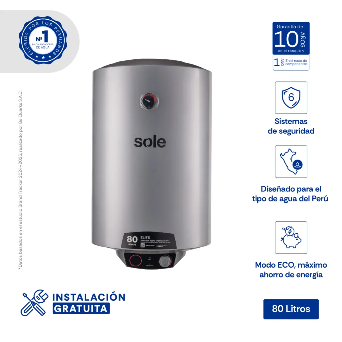Terma Eléctrica Sole Elite 80 Litros para Pared, marca Sole - Foto Principal