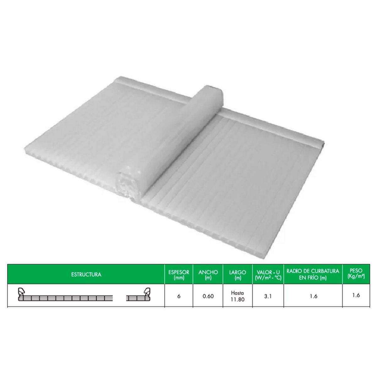 POLYARQ - Techo de Policarbonato TOPGAL Ice 0.60m x 2.95m x 6mm