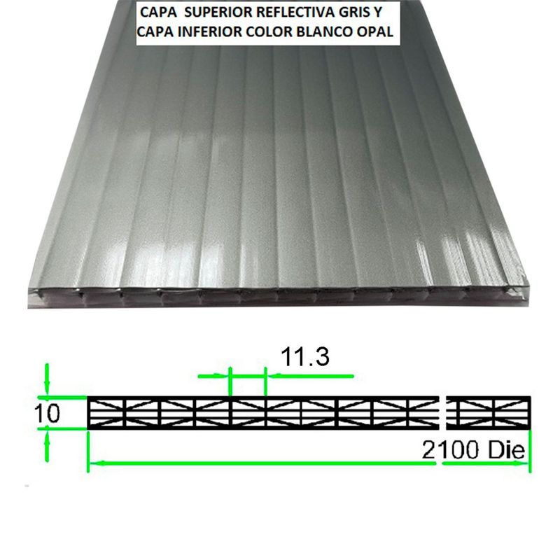 POLYARQ - Techo de Policarbonato Alveolar Heatguard Multicolor Gris/Opal 2.10m x 11.80m x 10mm