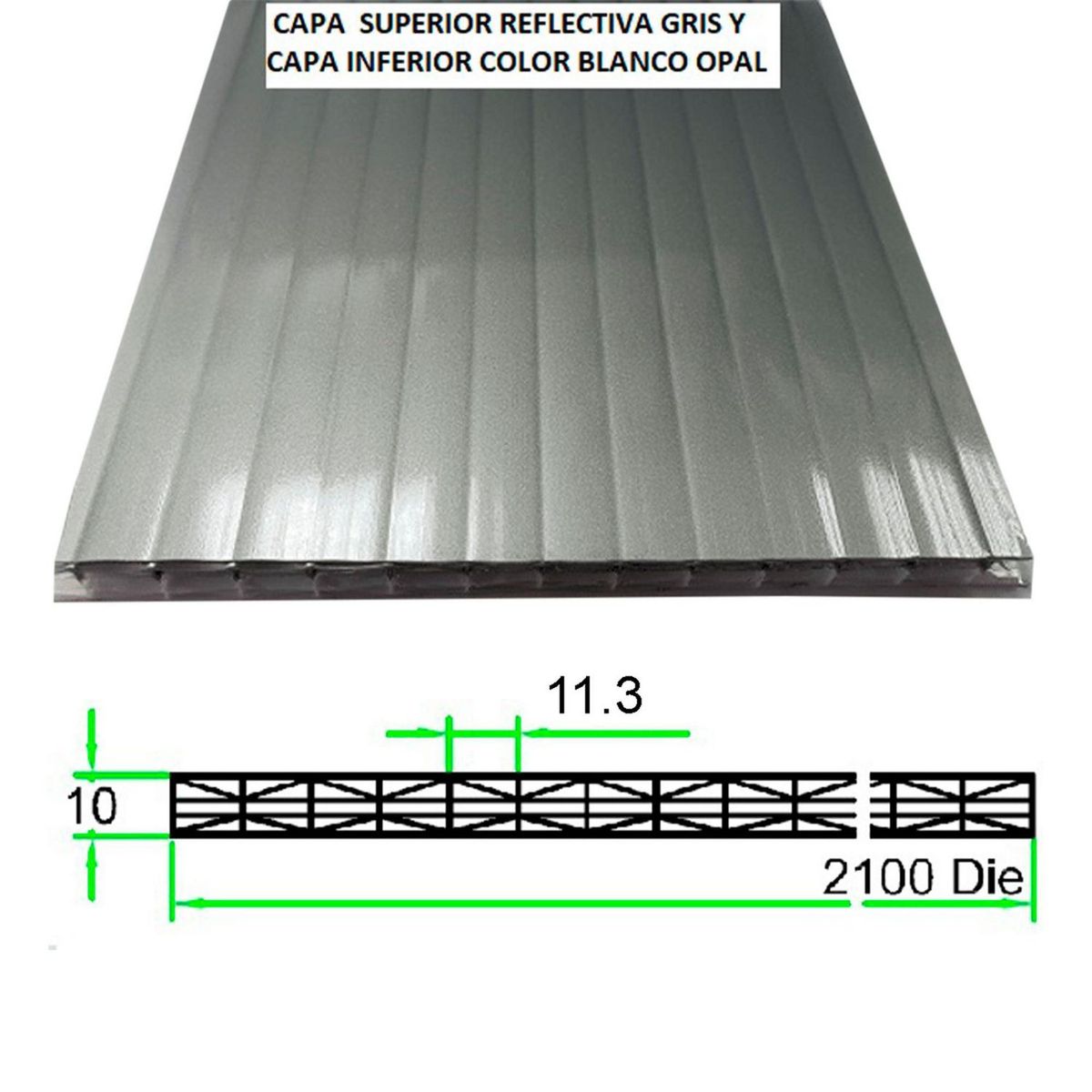 POLYARQ - Techo de Policarbonato Alveolar Heatguard Multicolor Gris/Opal 2.10m x 5.90m x 10mm