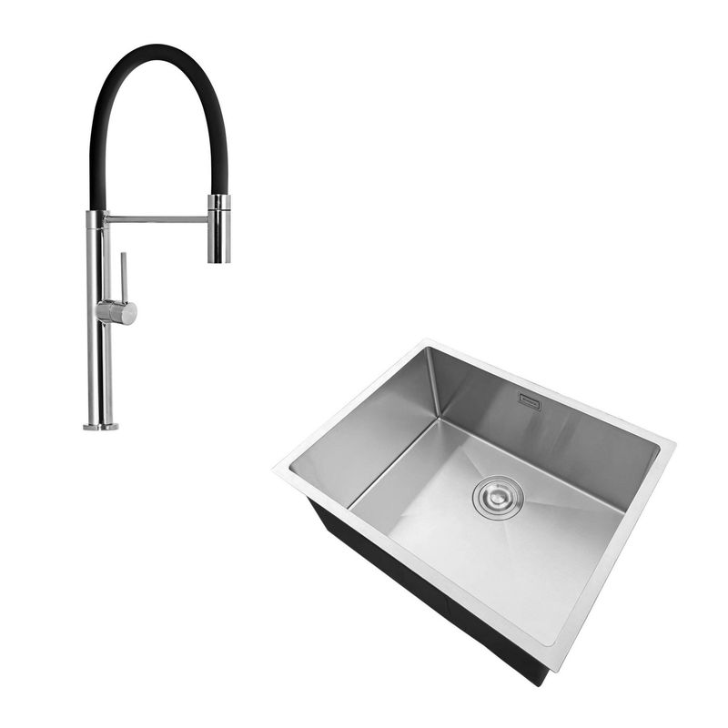 VAINSA - Monomando Cocina Flexible Silver/Black + Lavadero 1 Poza Inoxidable c/desagüe Line