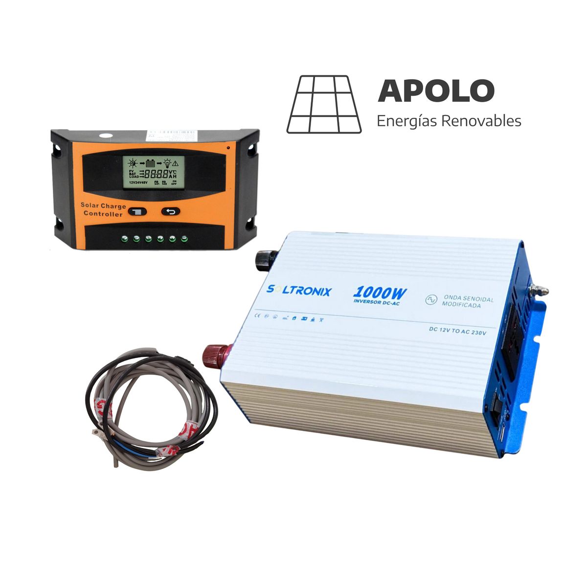 Controlador 20A + Inversor 1000W + Cables para Sistema Off Grid Apolo 2, marca APOLO - Foto Principal