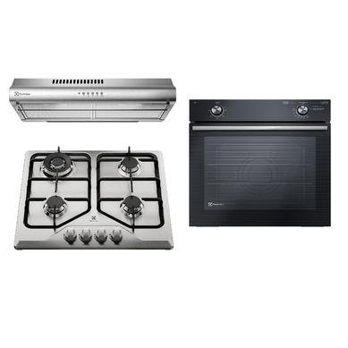 Combo Electrolux Campana Extractora 60cm + Horno Empotrable a Gas 80L + Encimera 4 Hornillas Inox