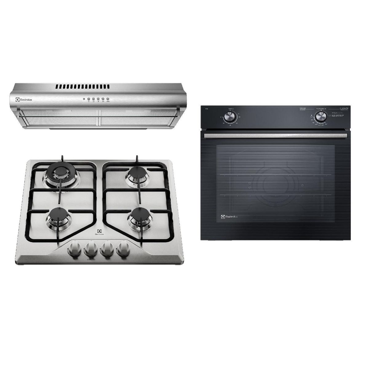 ELECTROLUX - Combo Electrolux Campana Extractora 60cm + Horno Empotrable a Gas 80L + Encimera 4 Hornillas Inox