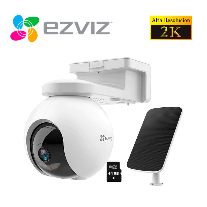EZVIZ - Cámara de Seguridad Ezviz Wi-Fi Exterior CB8 2K 3MP Panel Solar + SD 64GB