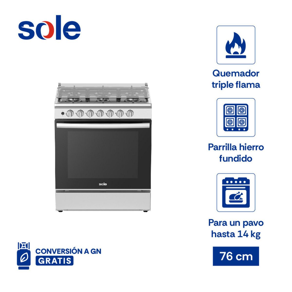 SOLE - Cocina Sole a Gas Sole 6 Hornillas Aruba Glp 76 Cm