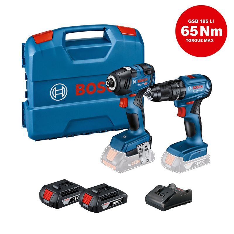 BOSCH - Taladro percutor inalámbrico 18V 1/2" Bosch GSB 185-LI + Llave impacto inalámbrico 18V GDR 18V-200 + 2 baterías + maletín plástico