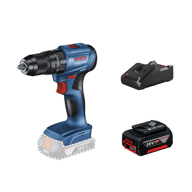 BOSCH - Taladro percutor Bosch GSB 185-LI + Batería de Iones de Litio Bosch 18V GBA 18V 4.0Ah + Cargador GAL 18V-40 de Bosch 18V