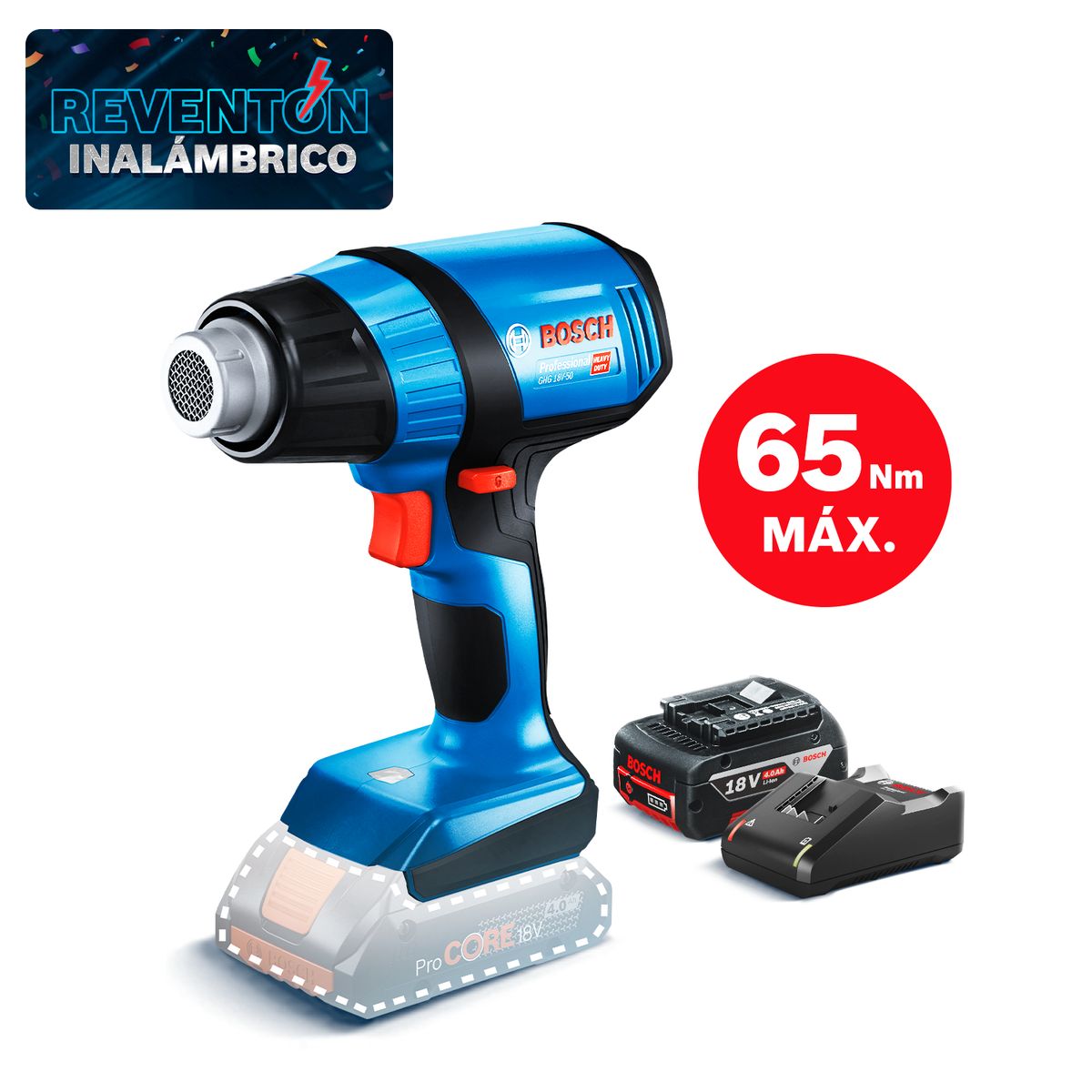 BOSCH - Pistola de calor  Bosch GHG 18V-50 + Batería de Iones de Litio Bosch 18V GBA 18V 4.0Ah + Cargador GAL 18V-40 de Bosch 18V.